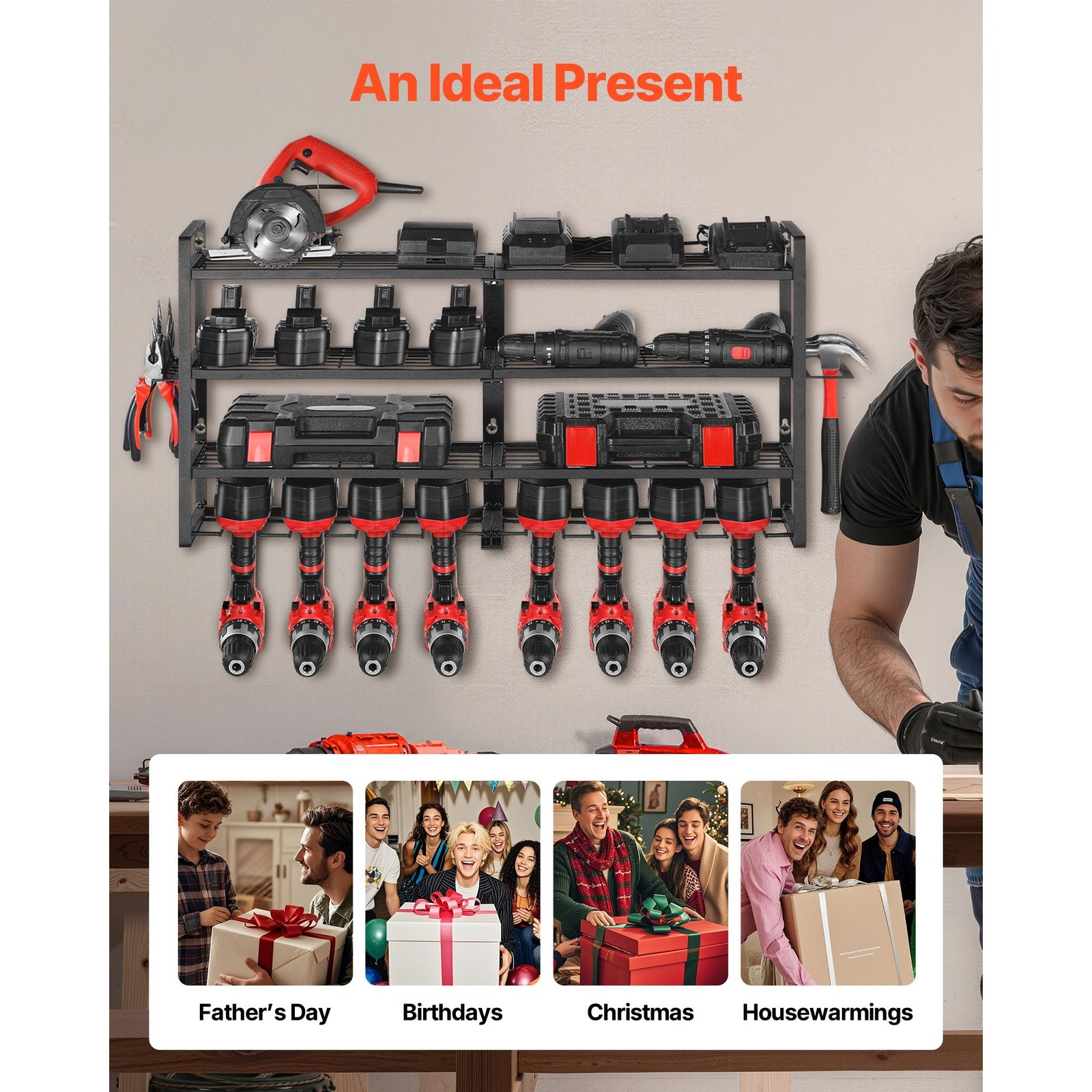 Power Tool Organizer Wall Mount, 4-Layer Storage Rack with 8 Drill Holders