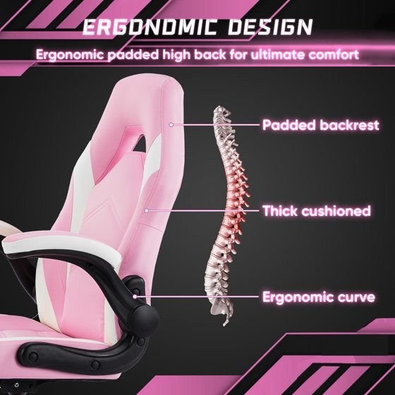 Gianna Ergonomic Gaming Chair, PU Leather, Flip-Up Arms, Pink/White