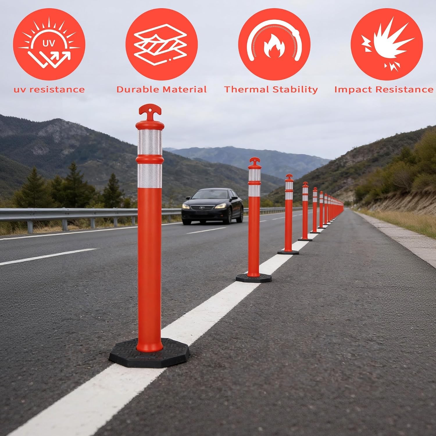 6Pack 42 Inch Delineator Post with Base, Portable Orange Traffic Delineator Post
