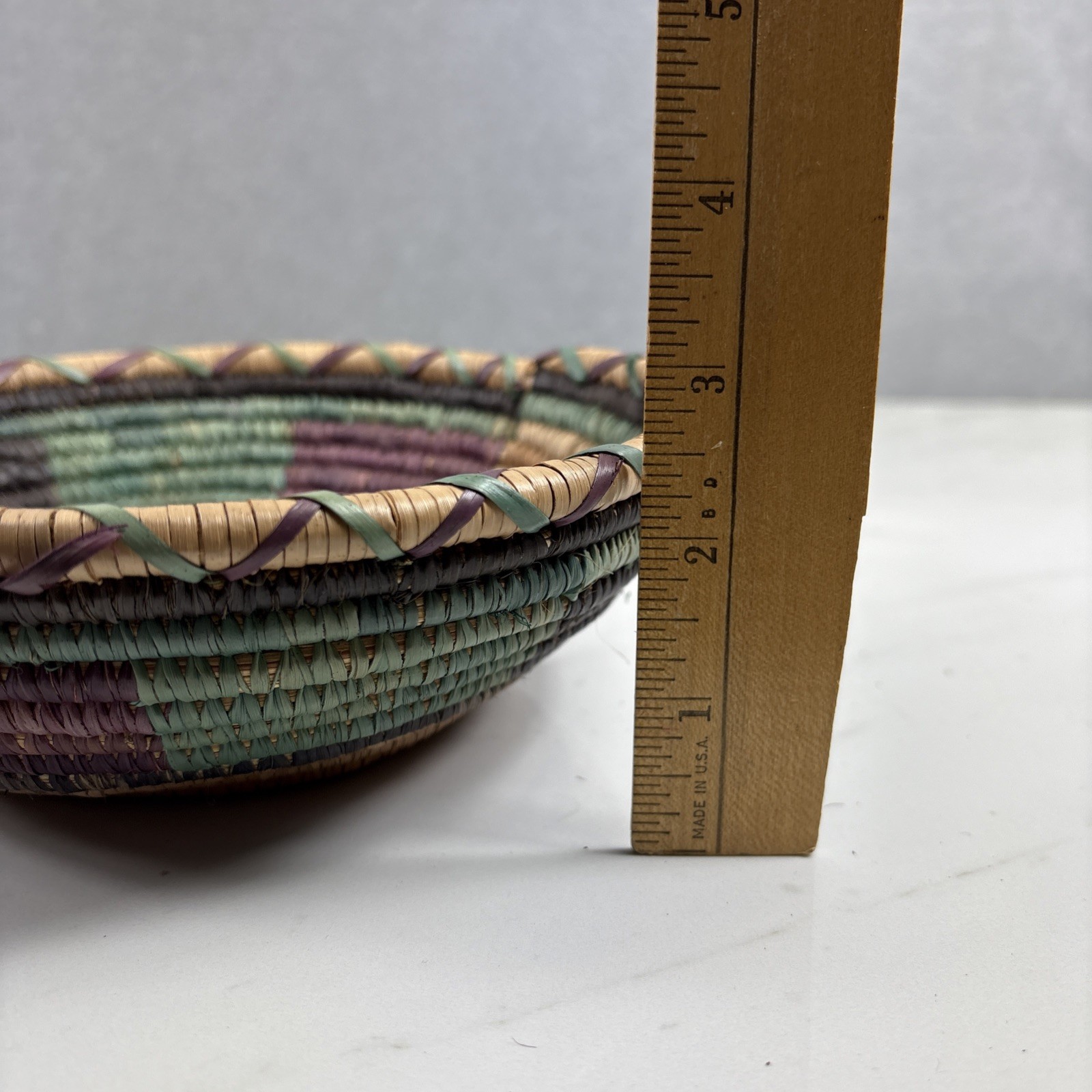 Small Grass Coil Basket Purple Green Straw Tan 8 Inch Bowl BOHO Decoration