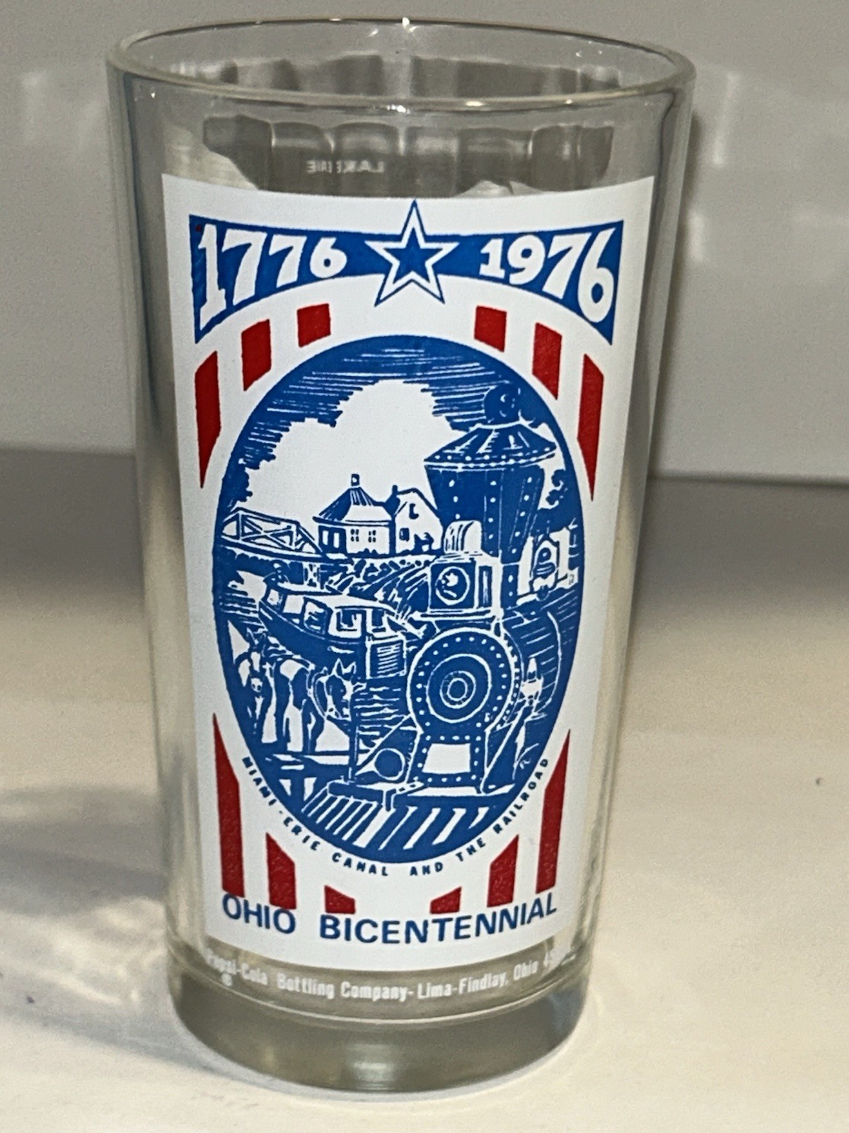 1776 - 1976 OHIO BICENTENNIAL DRINKING GLASS CUP TEA 2 SIDED WITH MAP