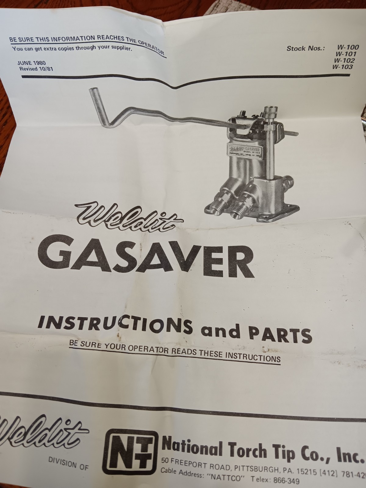 NOS Weldit Gasaver Model W-103 INSTRUCTIONS NO PKG