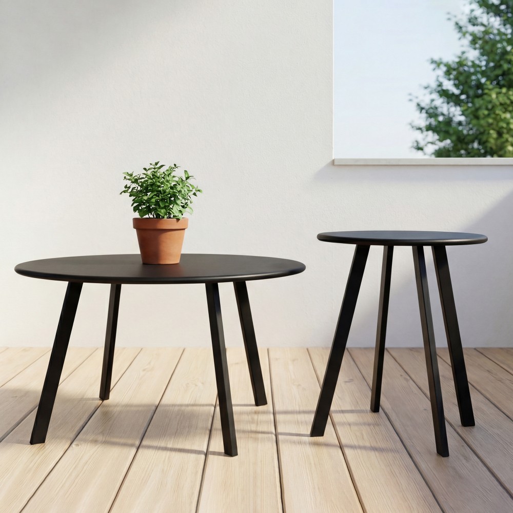 2-Piece Round Nesting Coffee Table Set Modern Black Metal Side End Tables Space