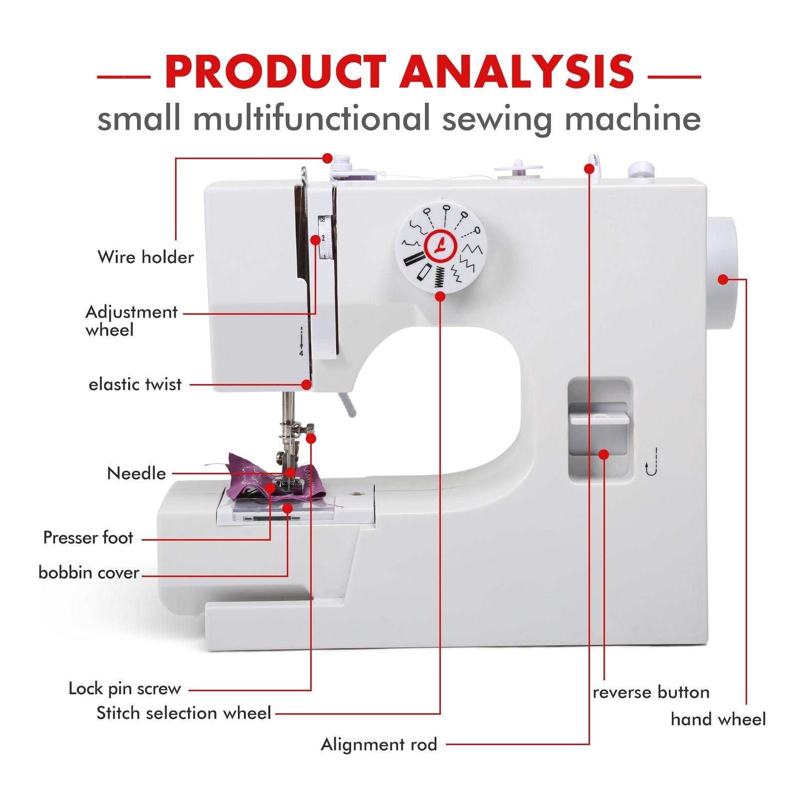 825A Multifunctional 12 Stitches Electric Mini Sewing Machine US Plug