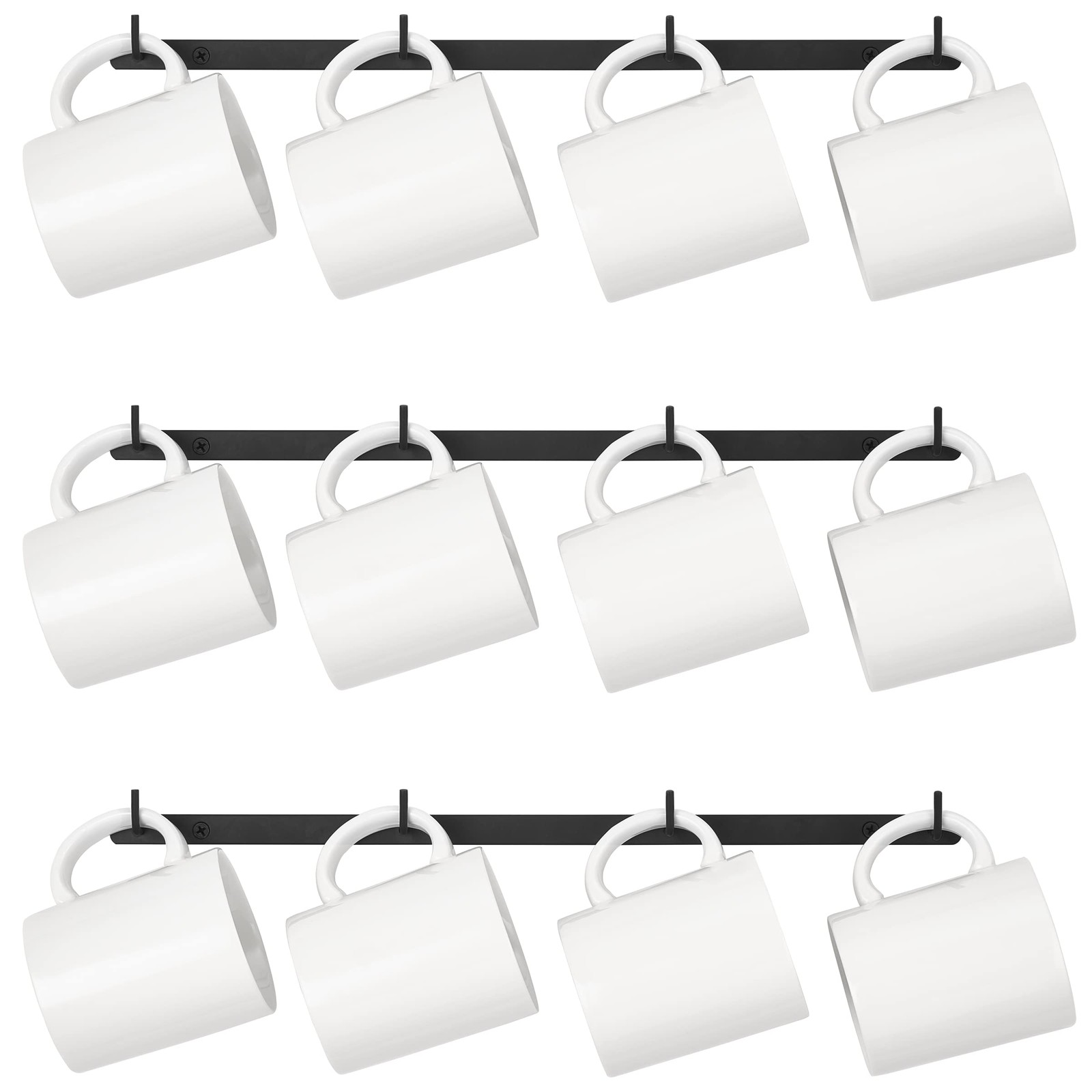 Metal Coffee Mug Rack Wall Mounted with 12 Mug Hooks, Set of 3, Mug Display R...