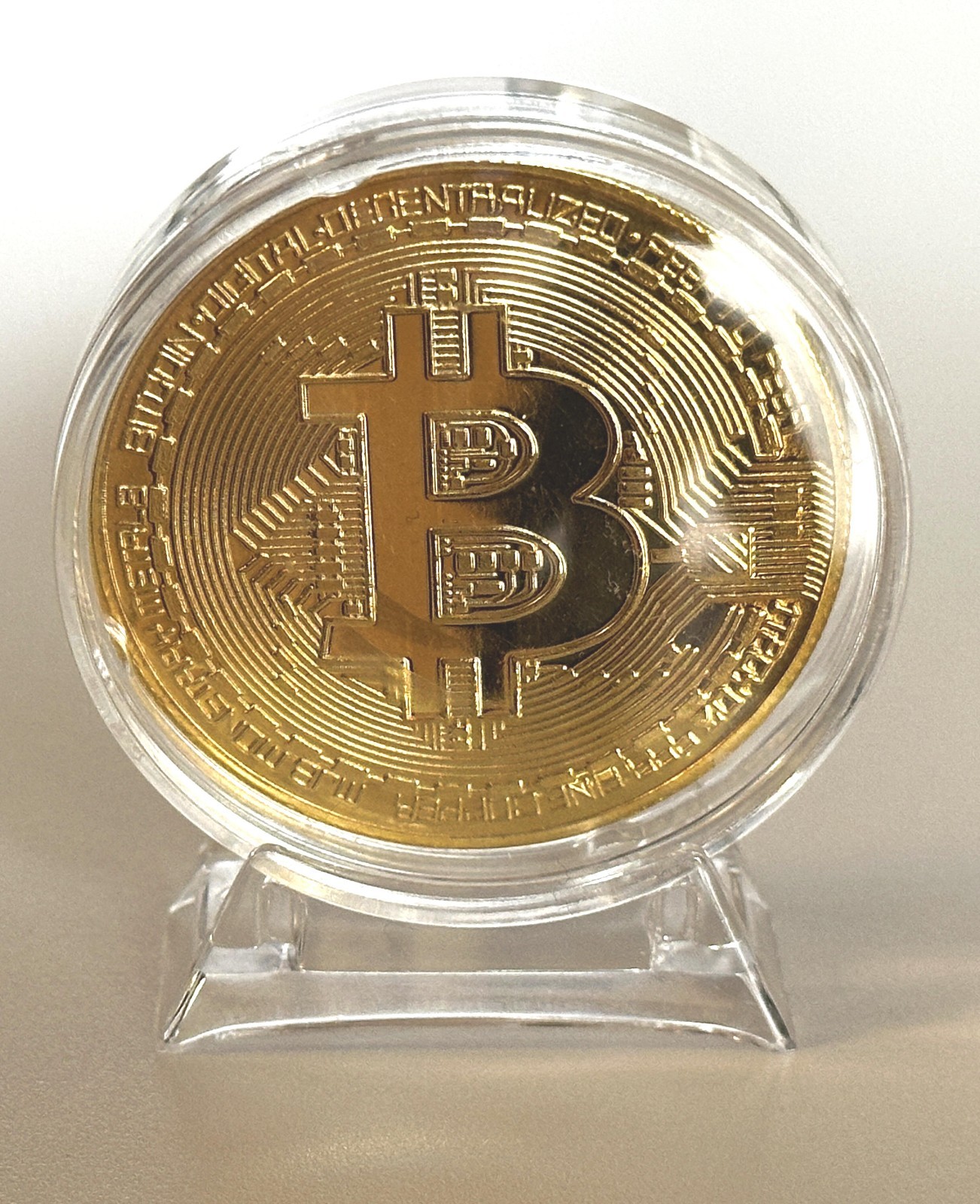 Crypto Bitcoin Commemorative Collectible Coin in case on Stand