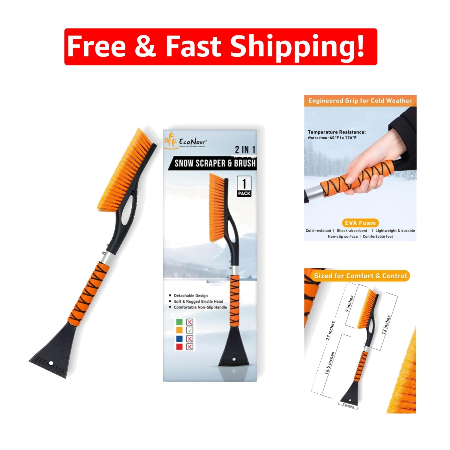 Versatile 27" Winter Snow Scraper & Windshield Cleaner with Comfort Grip