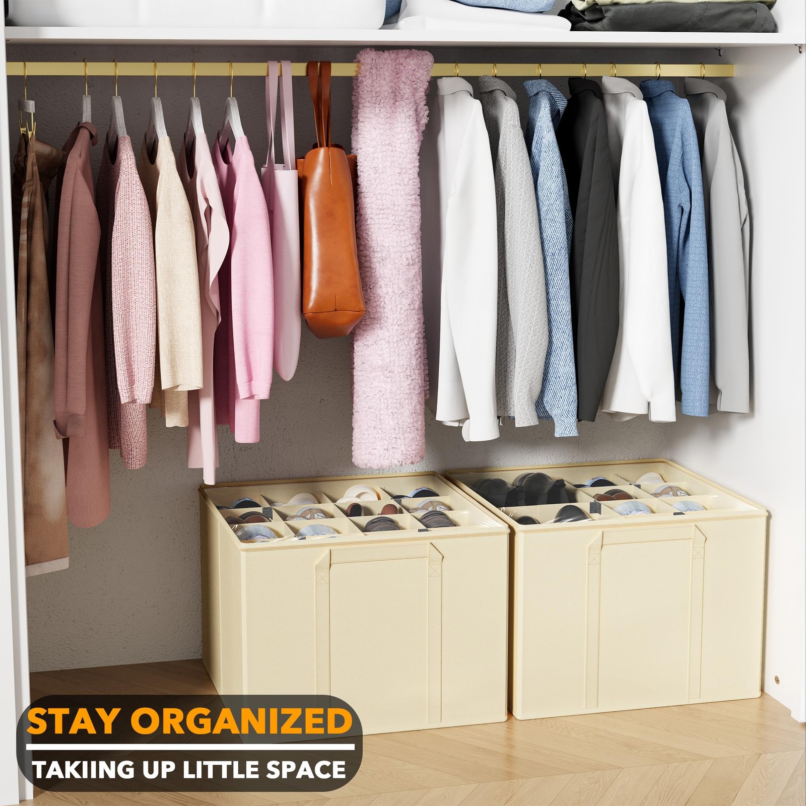 2 Pack Beige Shoe Organizer, Foldable, Dividers, Fits 16-32 Pairs, Bins