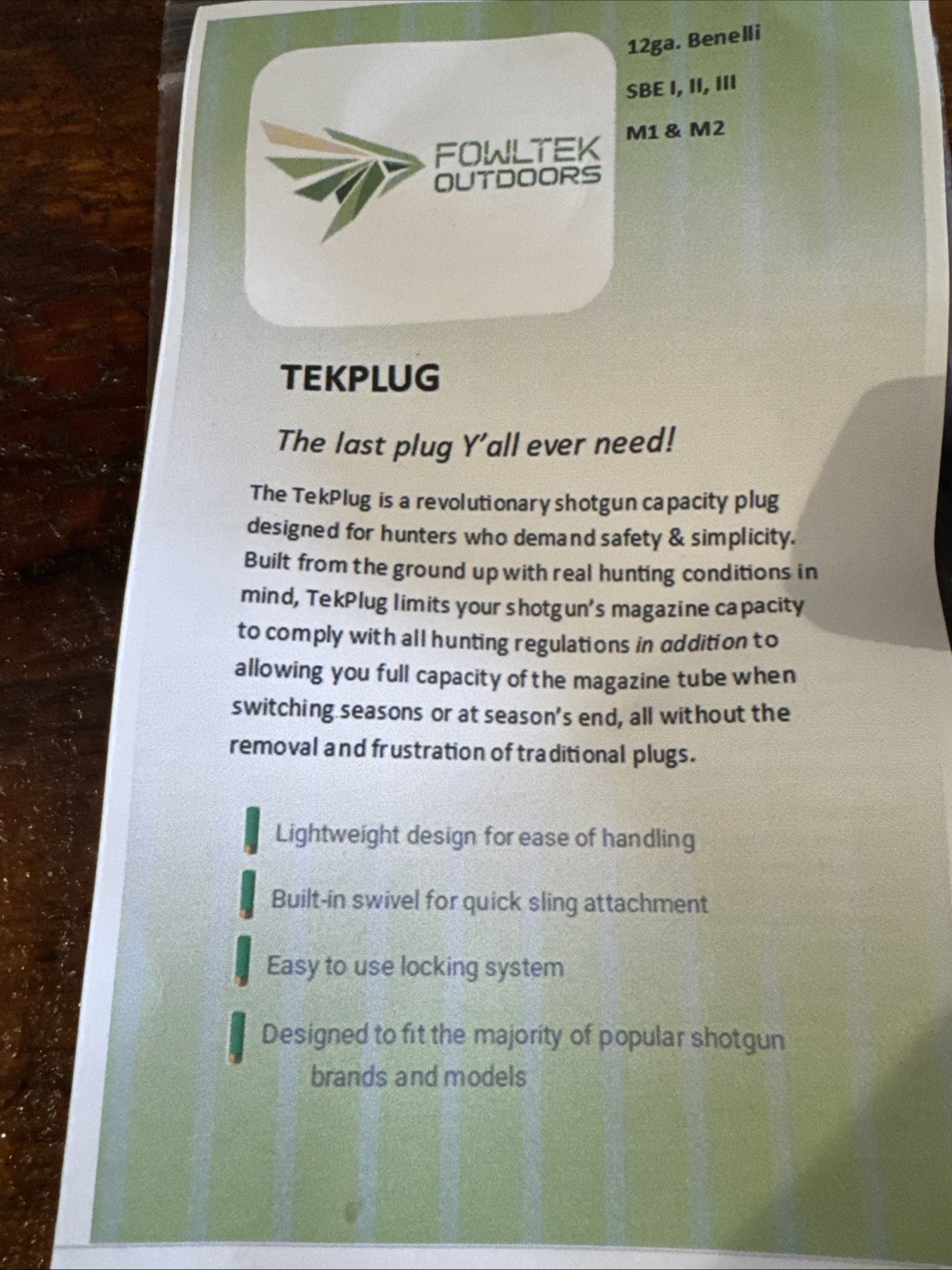 Fowltek Outdoors Tekplug For Benelli SBE 1, 2, 3 & M1 & M2 Models. Cap & Plug