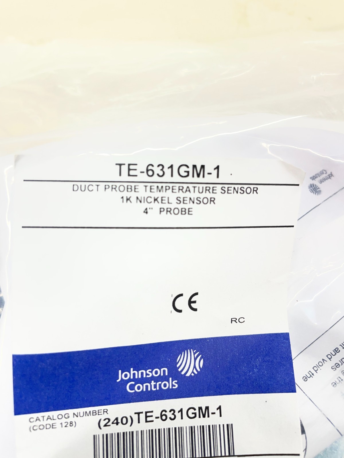 Johnson Controls/ TE-631GM-1 / Temp Sensor-Duct Probe/ NEW
