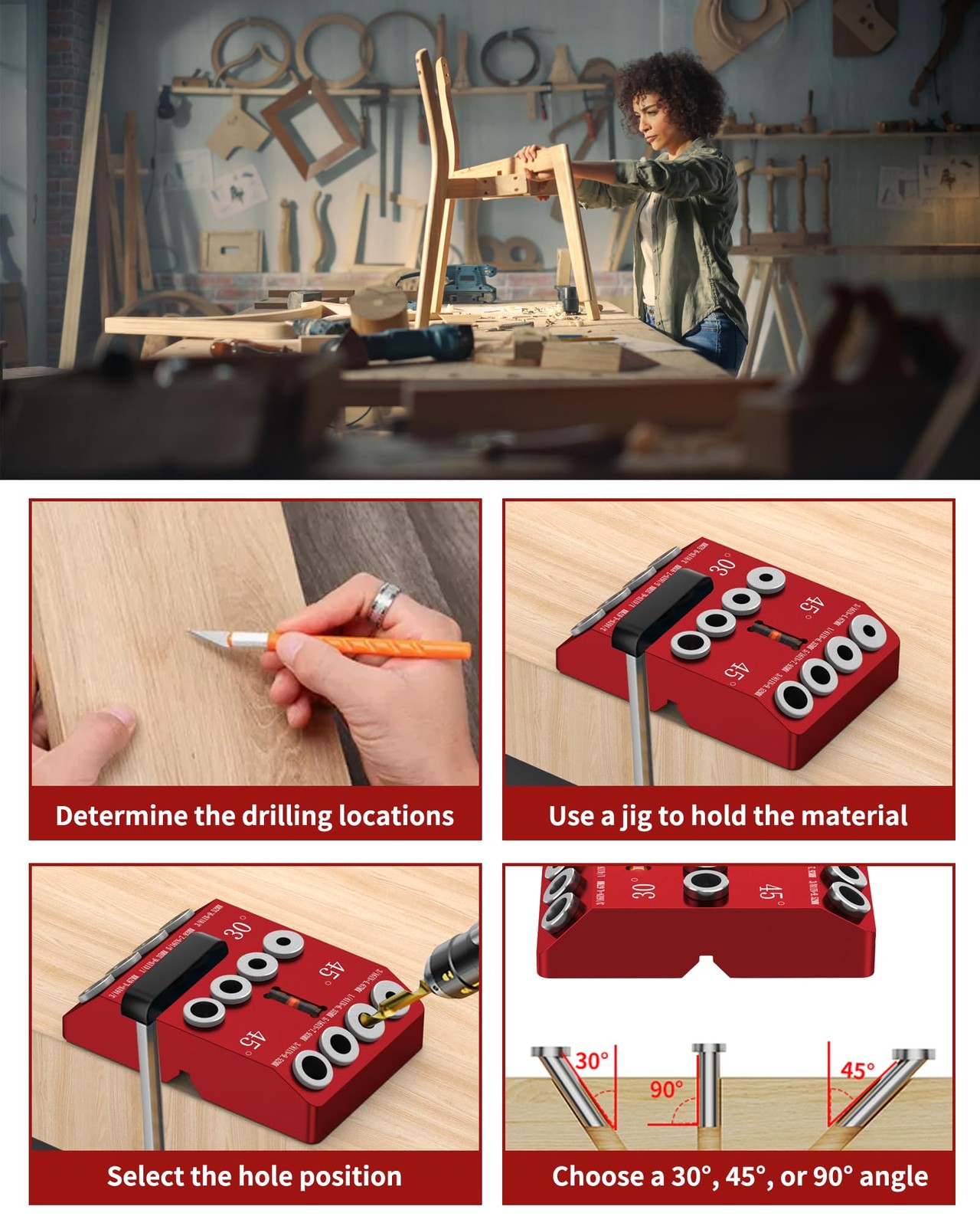 30 45 90 Degree Angle Drill Guide Jig for Hand Drill, Angle Drill Guide for S...