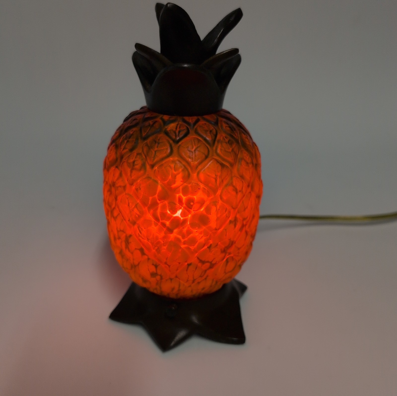 Amber Art Glass Pineapple Lamp Light Bronzed Brass Table Nightlight Accent