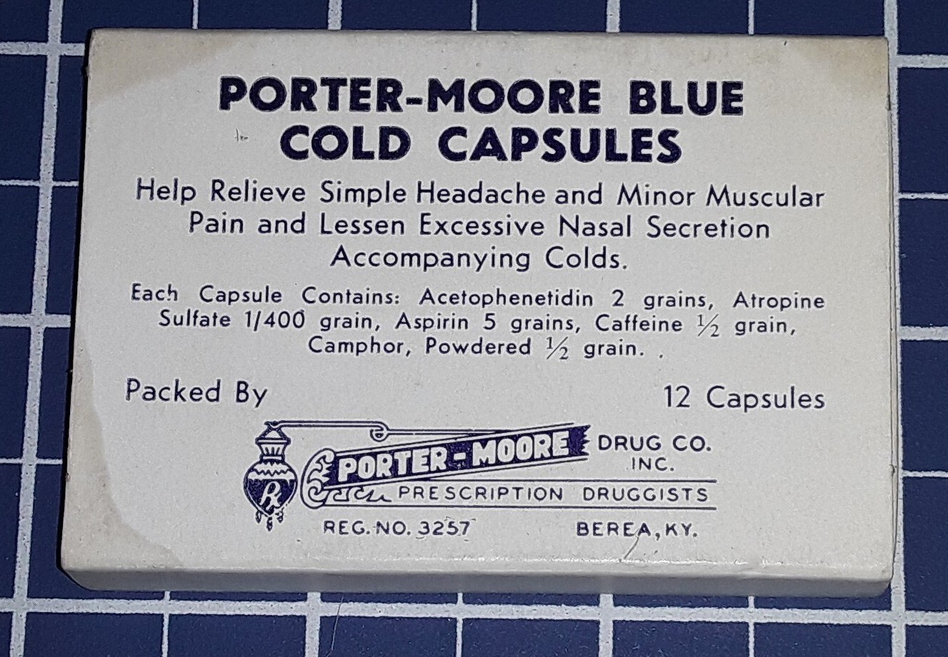c1960 Porter-Moore Blue Cold Capsules EMPTY Slide Cardboard Box Drug Co. Ad