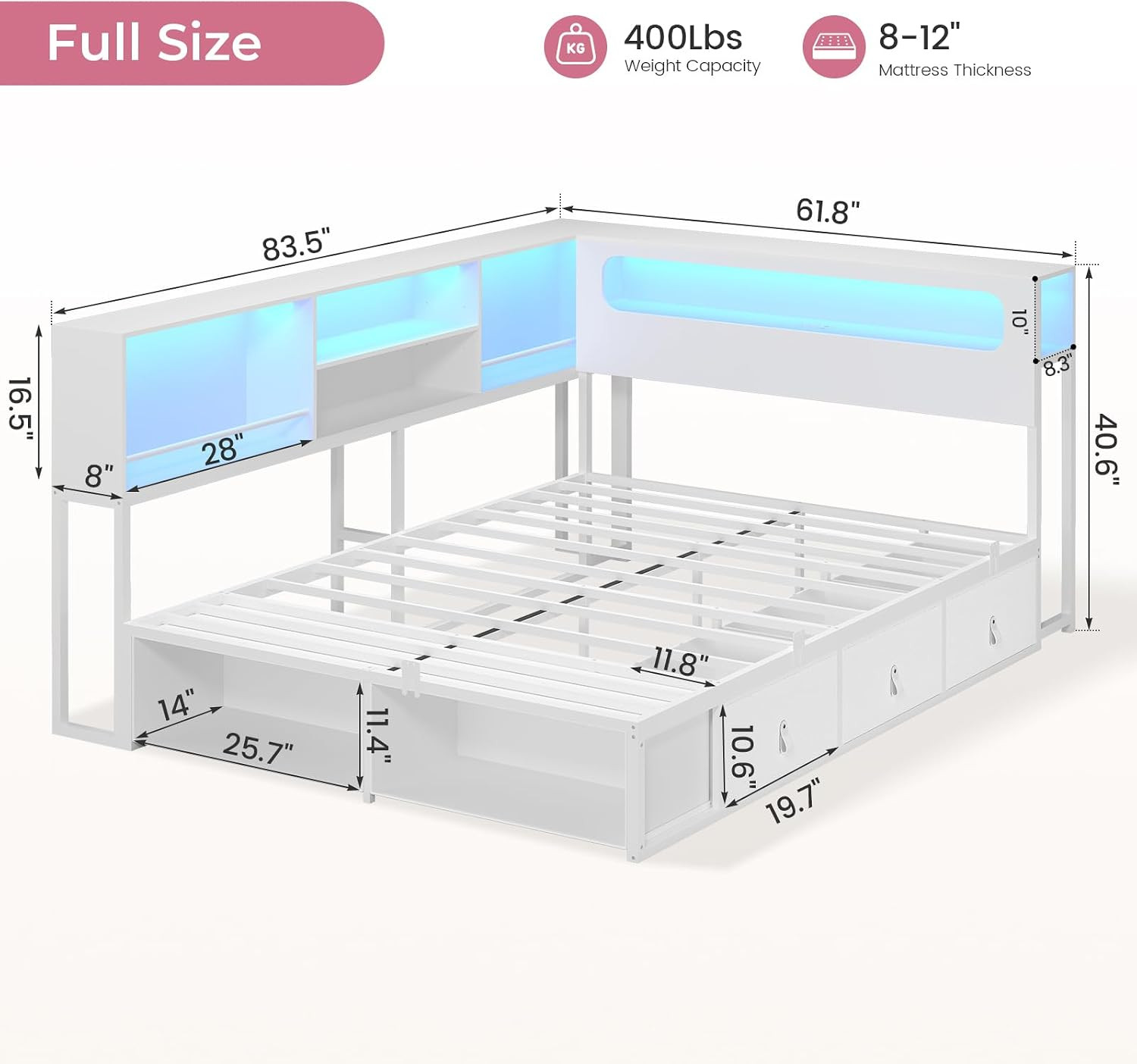 Corner Bed Frame Full Size with Bookcase Storage & Headboard White | RGB Lights,