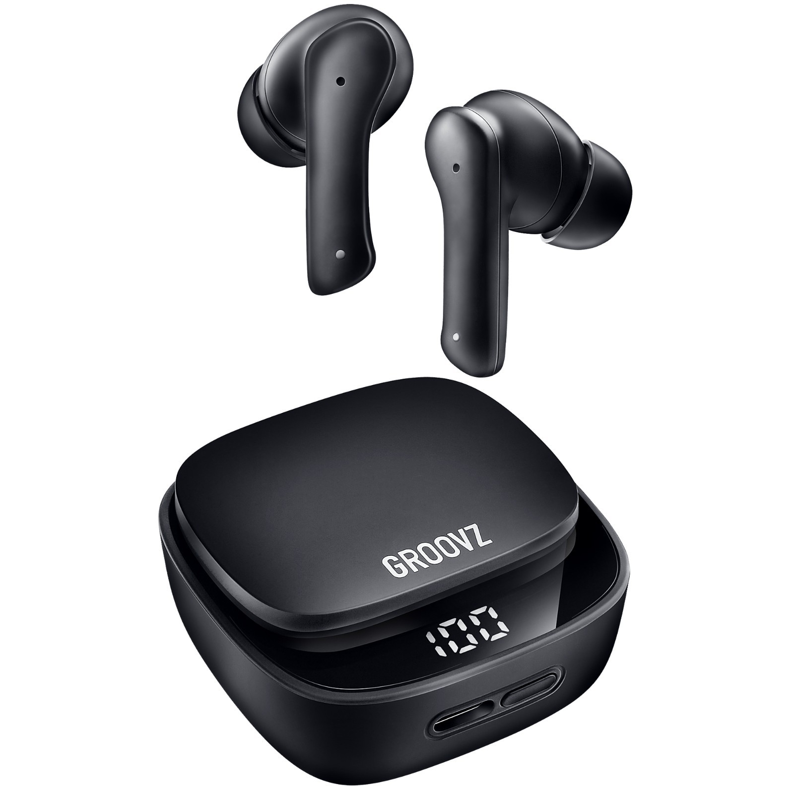 GROOVZ True Wireless TWS In-Ear Earbuds + Charging Case & LED Display - BLACK