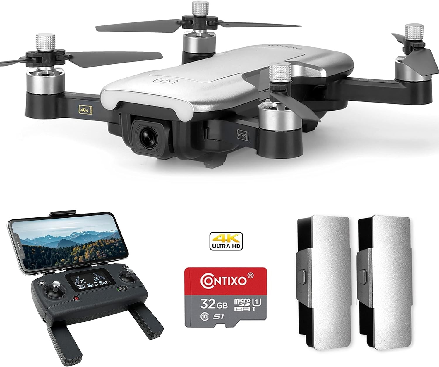 Silver - Contixo F30 Drone WiFi 4K UHD Camera and GPS,FPV Quadcopter