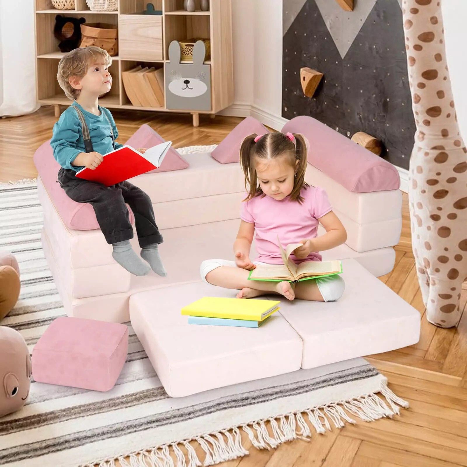 Kids Modular Play Couch, Convertible Foam Couch Play Set with Suede Fabric Cover