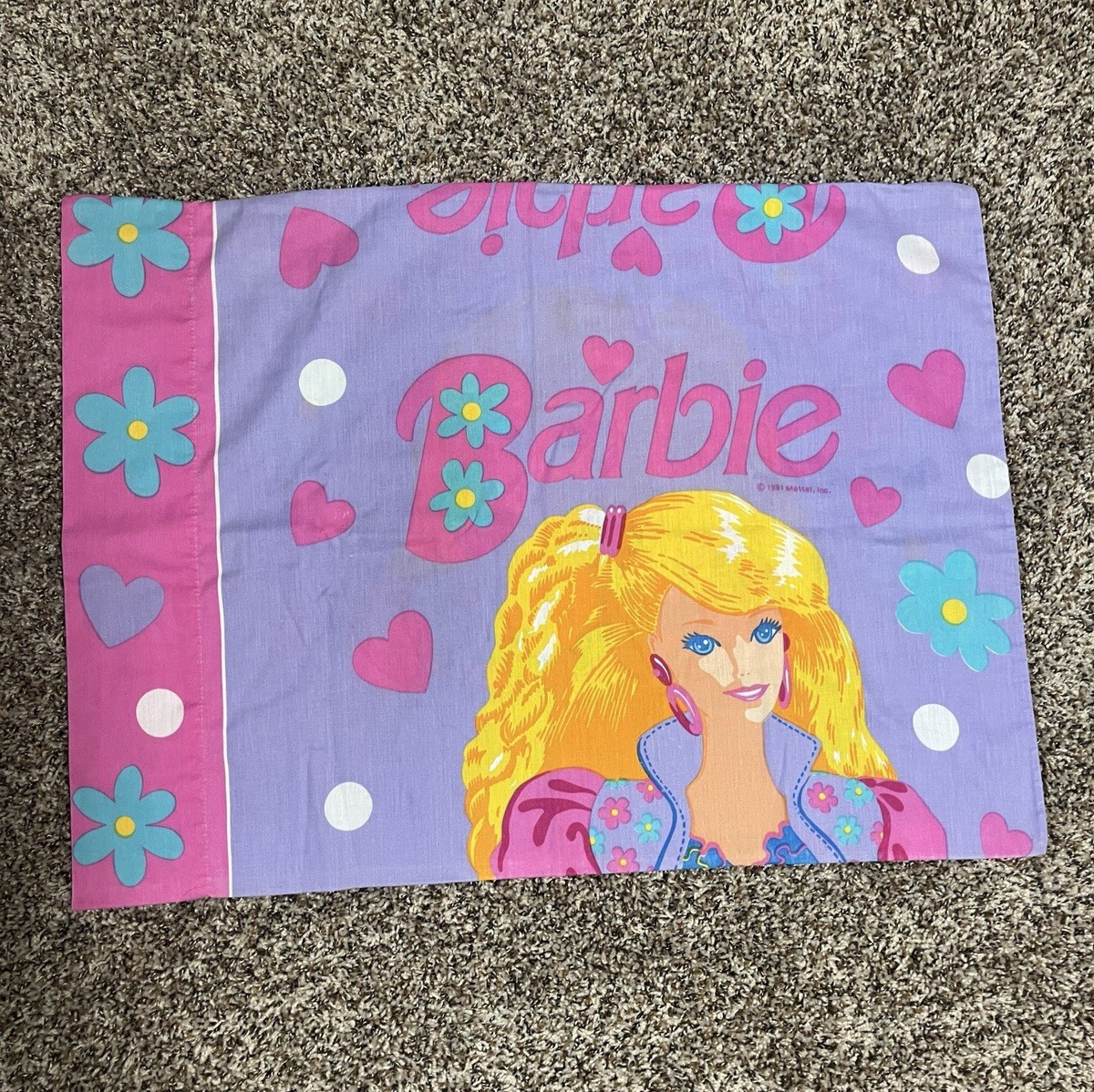 Vintage Mattel Barbie Pillowcases Purple Pink Hearts and Flowers