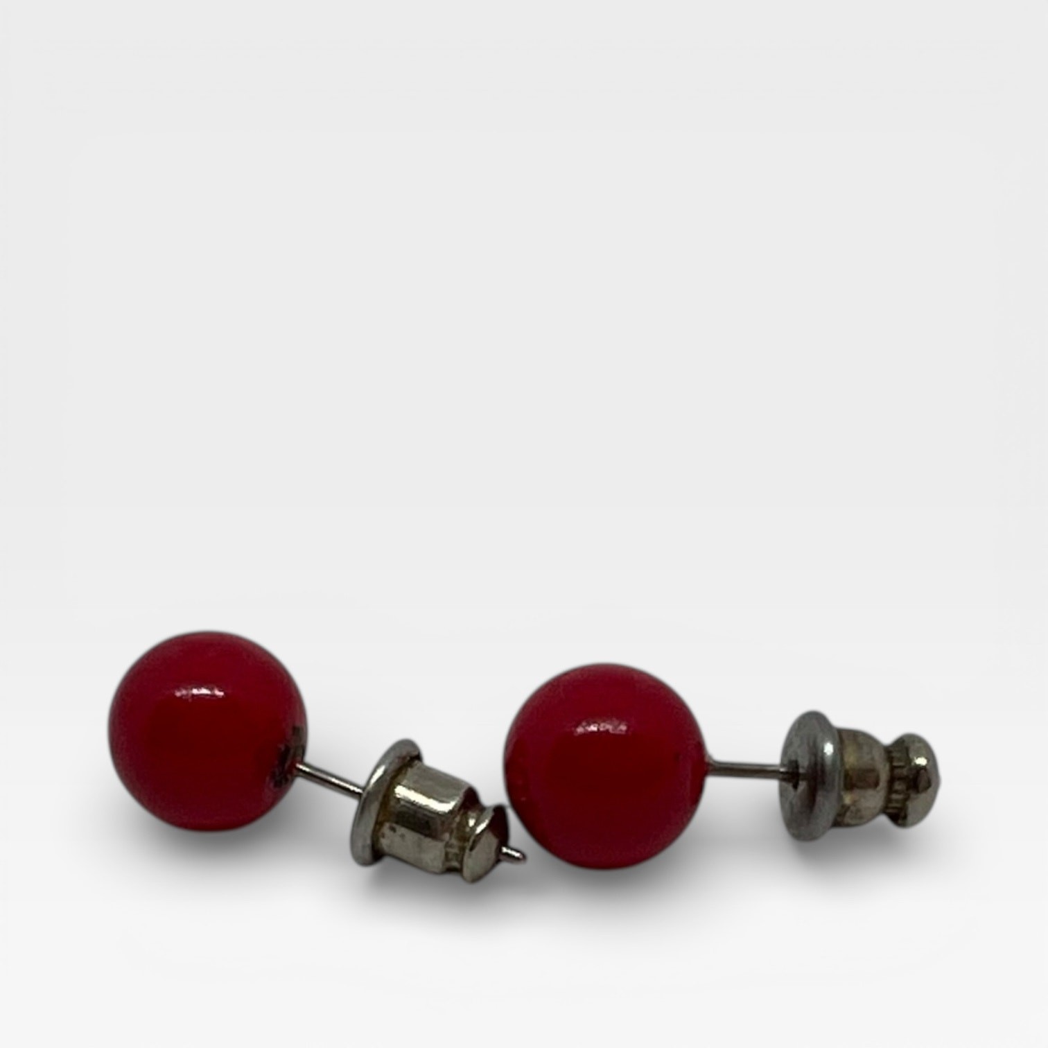Red Ball Stud Earrings Gunmetal Post Simple Minimalist Classic