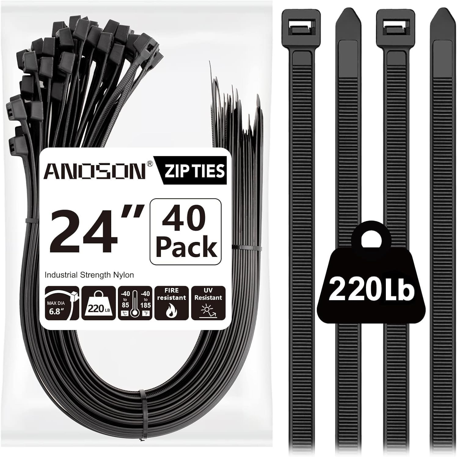 Large Zip Ties Heavy Duty Outdoor 24 Inch (40 Pack), Heavy Duty Zip Ties 220 Lbs