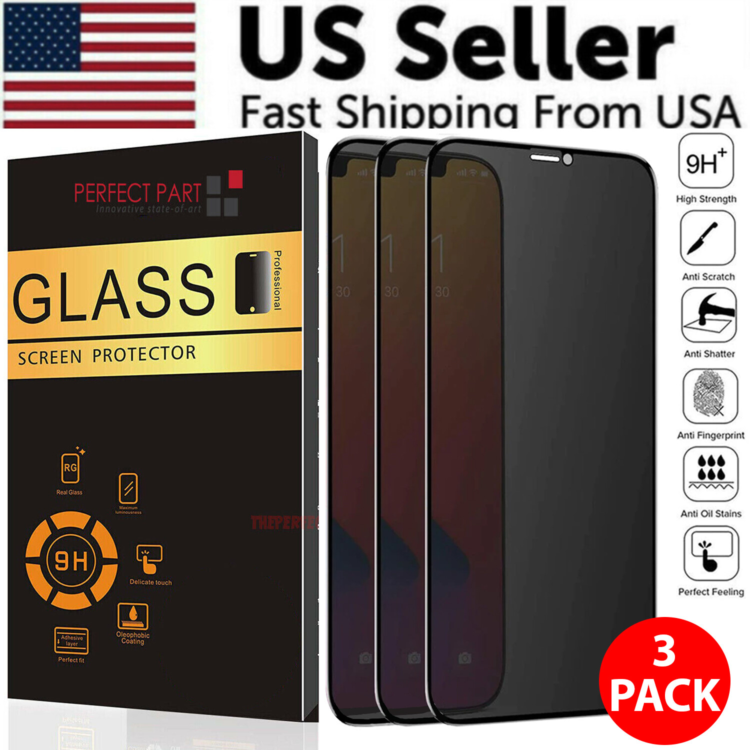 3 Pack For iPhone 17 16 15 14 13 Pro Max Privacy Tempered Glass Screen Protector