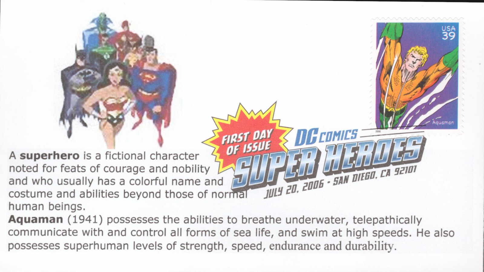 2006 First Day of Issue - DC Comic Heros - Aquaman - ??? Cachet