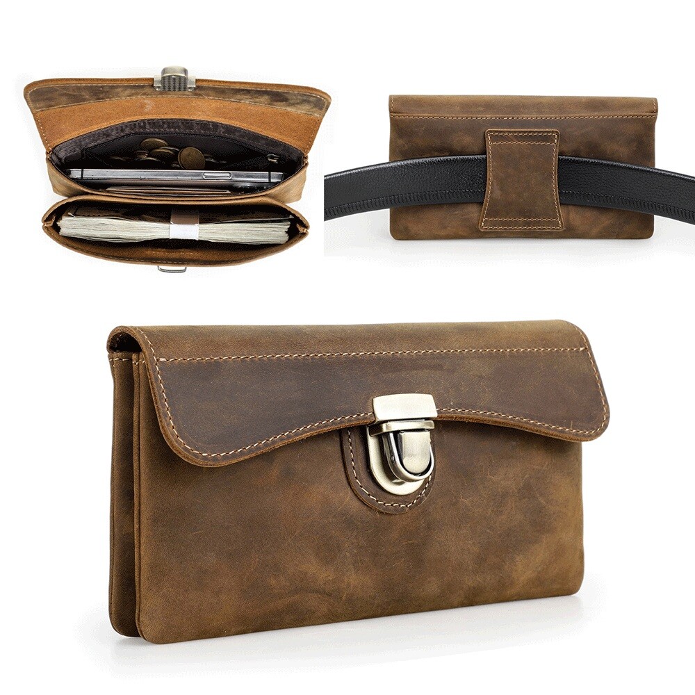 Genuine Leather Cell Phone Belt Clip Holster RFID Waist Bag Wallet Carrying Case