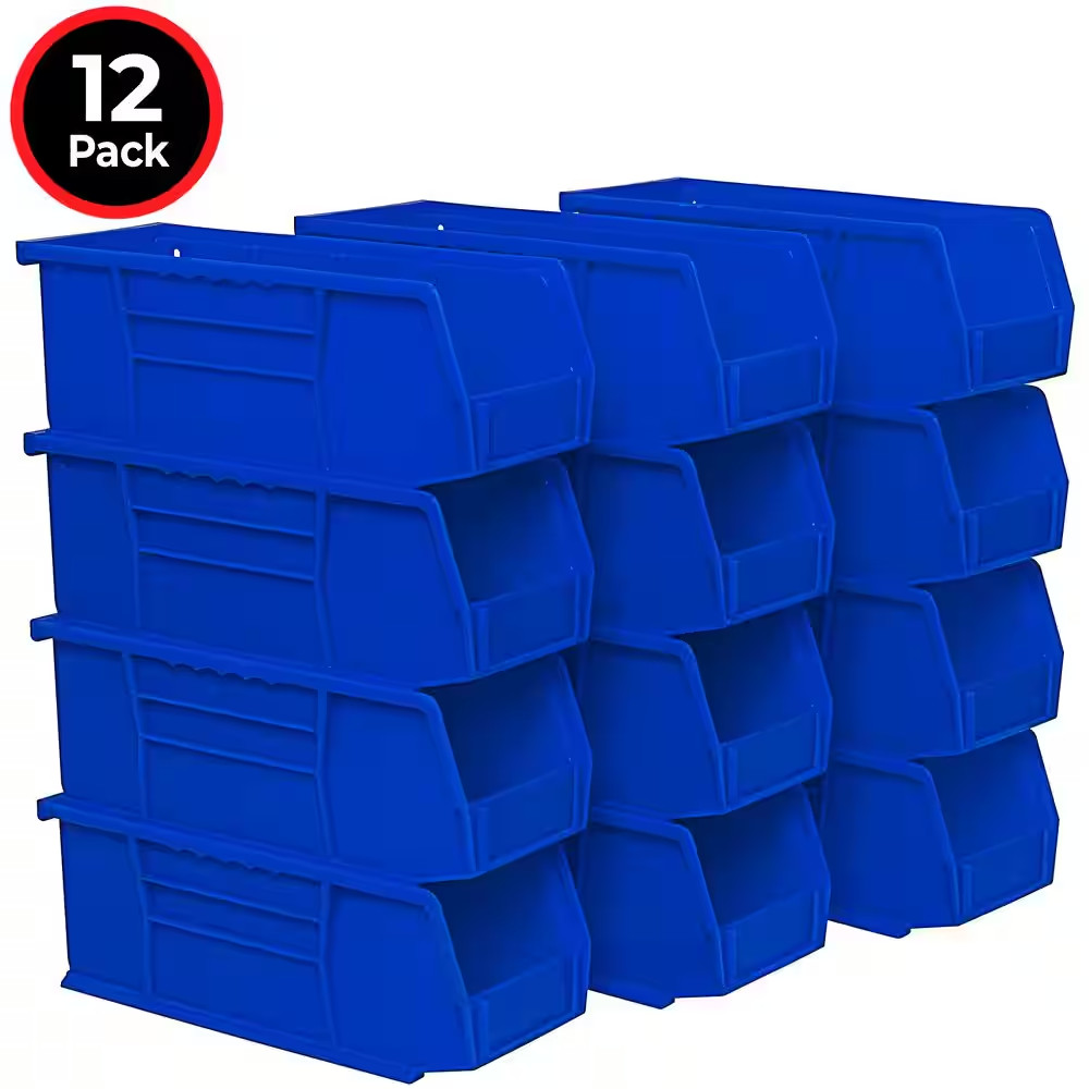 Plastic Stackable Storage Bins/ Totes, 11 In. X 4 In. X 4 In. Blue, (12-Pack)