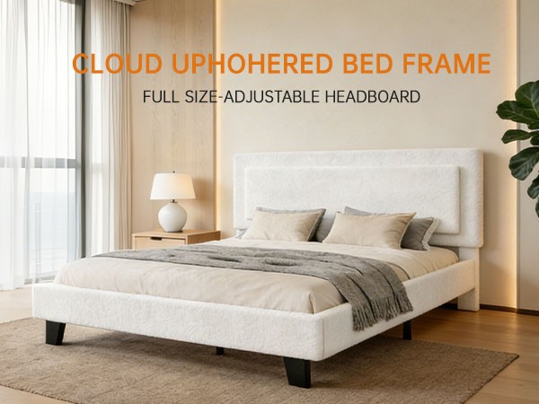 Upholstered Platform Bed Frame with Adjustable Headboard Solid Wood Full Size