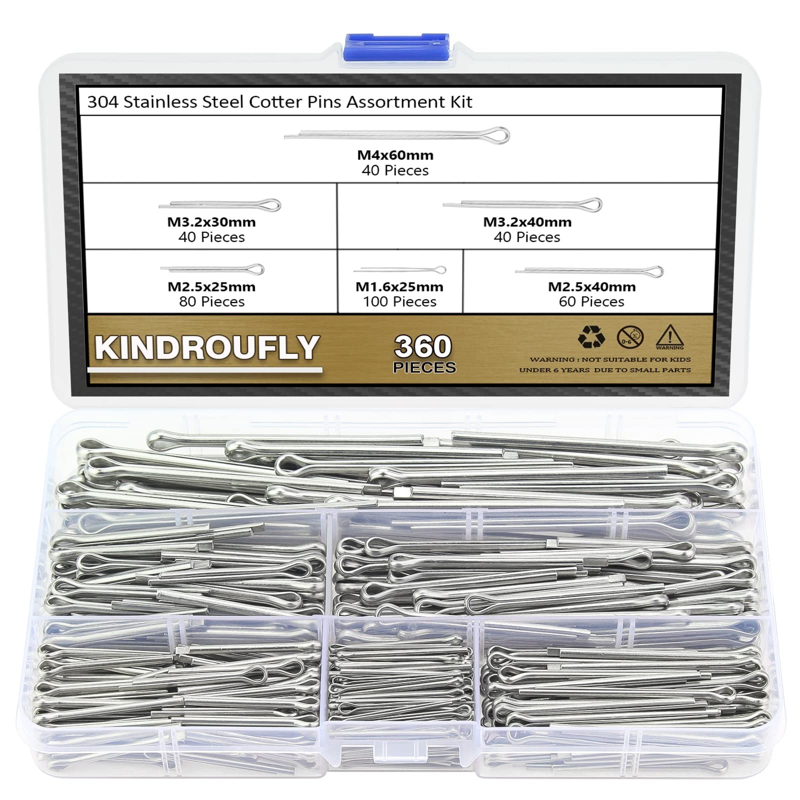 360 Pieces 6 Sizes Cotter Pins Assortment Kit, 304 Stainless Steel