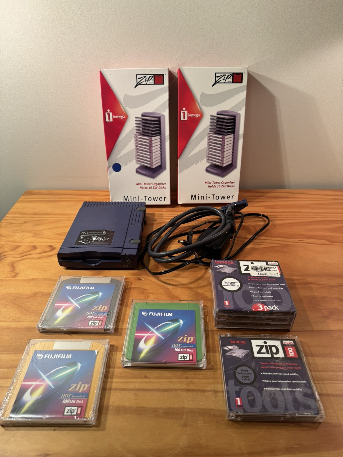 Lot of Iomega Zip 100 drive, 2 New Disks, 5 Used  Disks, Plus 2 Storage Towers