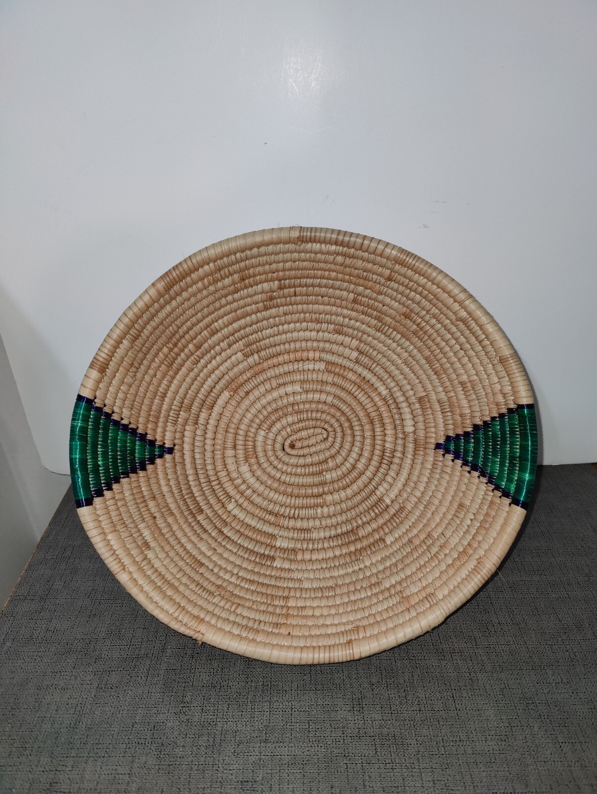 Woven Coil Basket 10” x  3 1/2 ” Natural with Purple & Green