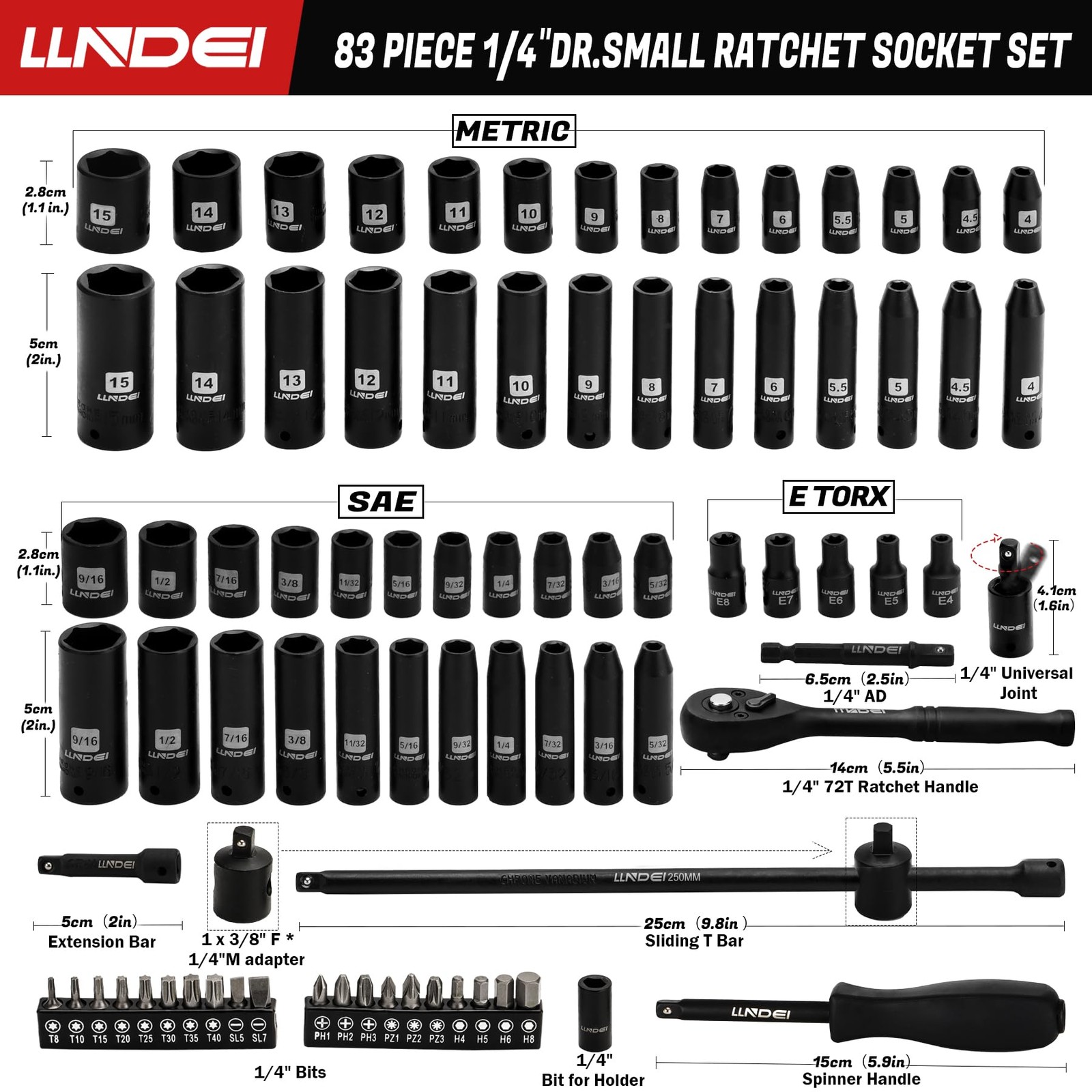 LLNDEI 1/4 inch Drive 83-Piece 1/4" Impact Socket Set, Black