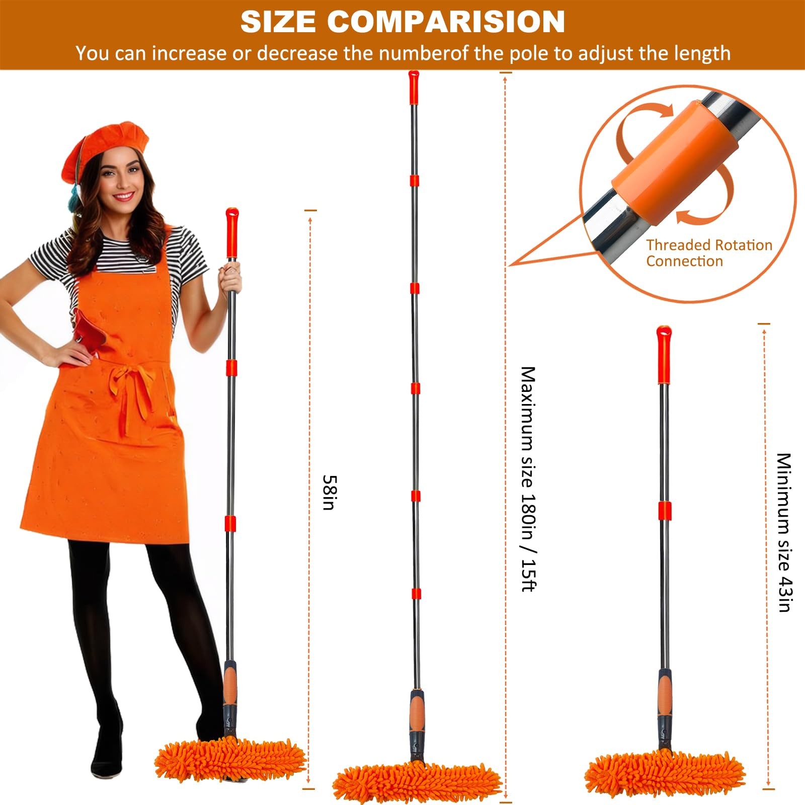 20 ft+ Reach Squeegee Window Cleaner Duster 2 in 1 Rotatable Orange