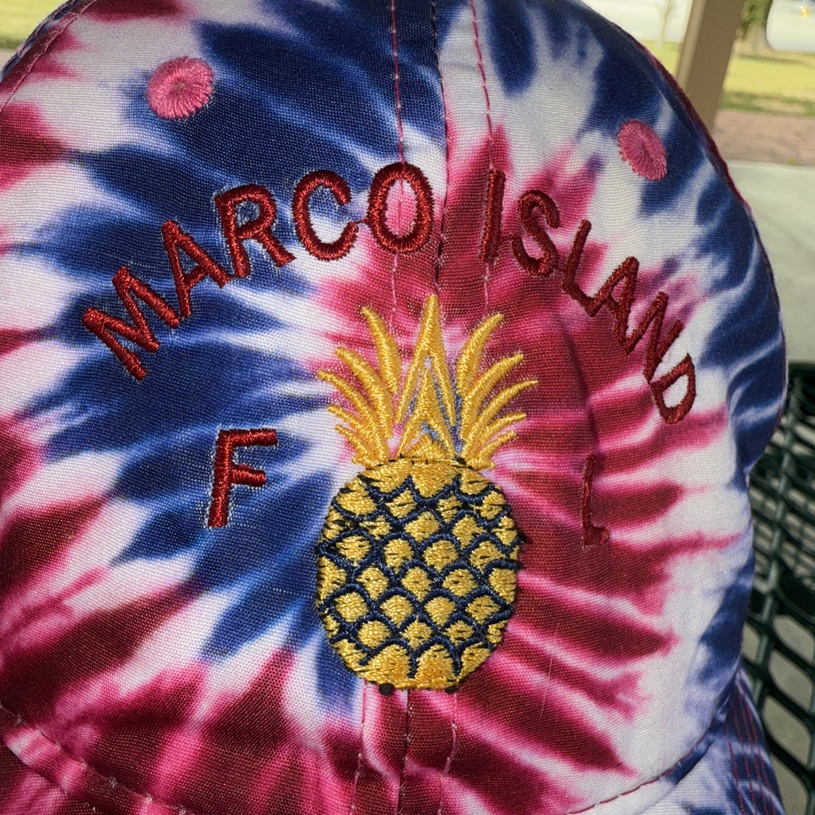 Marco Island w Pineapple FL Tye Dyed white Cotton Hat Cap Hook Loop