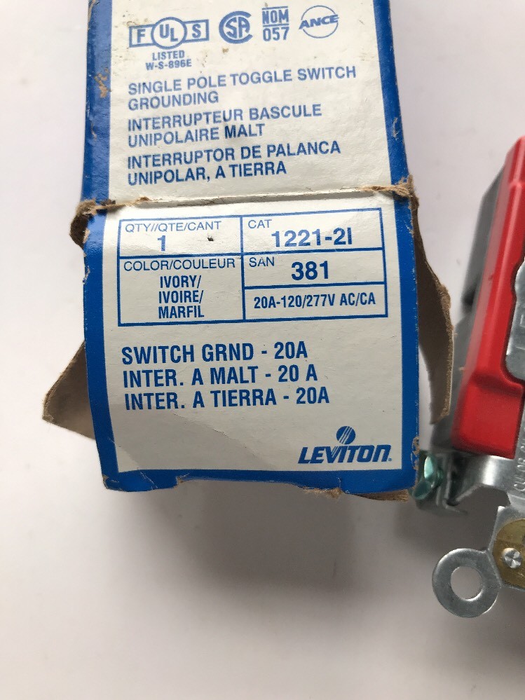 LEVITON 1221-21 TOGGLE SWITCH, IVORY *NEW* -FREE SHIPPING-