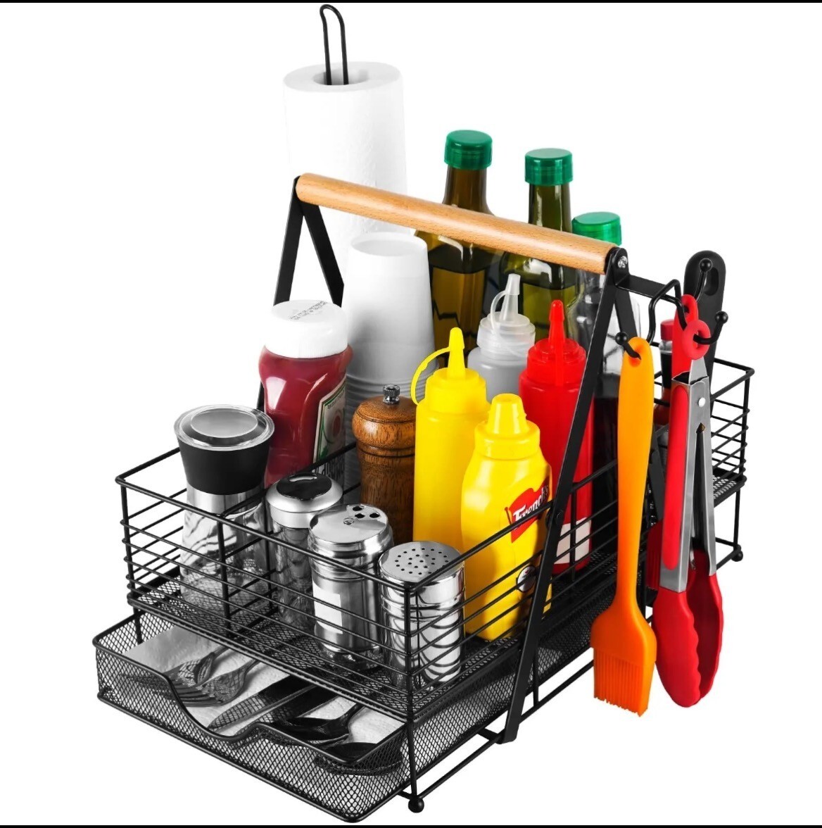 Picnic Caddy and Grill Utensil Caddy Adjustable Compartment Storage with Drawer