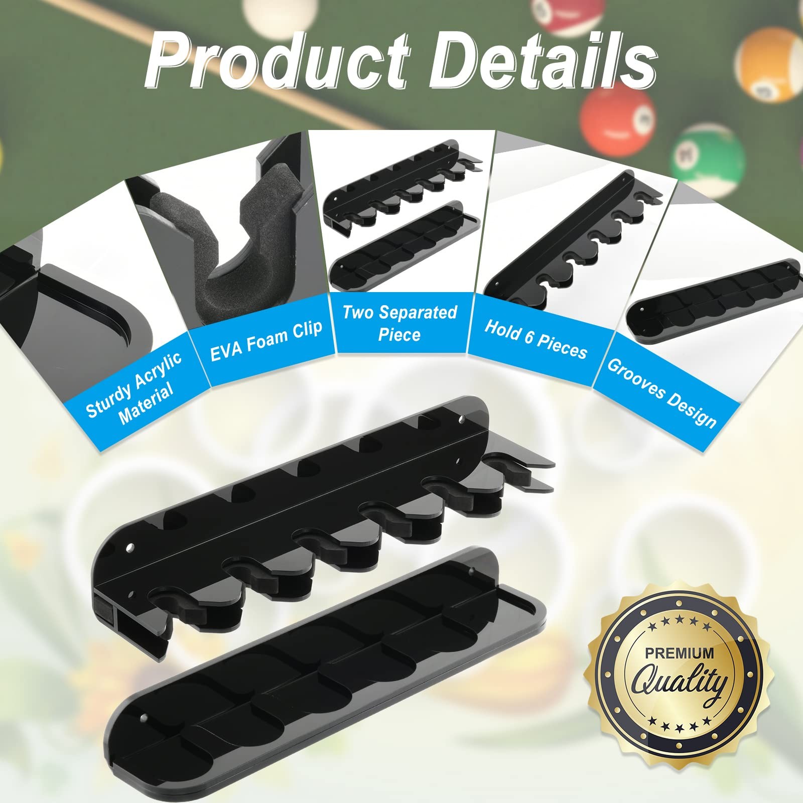 Cosmos Acrylic 2-Piece Billiard Cue Rack Wall Mount Solid Black