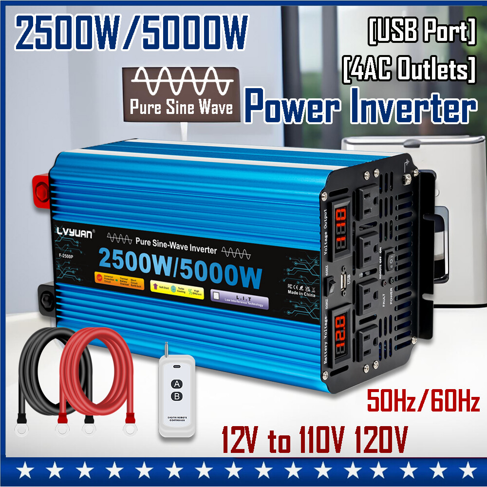 2500W 5000W Pure Sine Wave Power Inverter 12V to 110V 50Hz/60Hz 4AC Converter