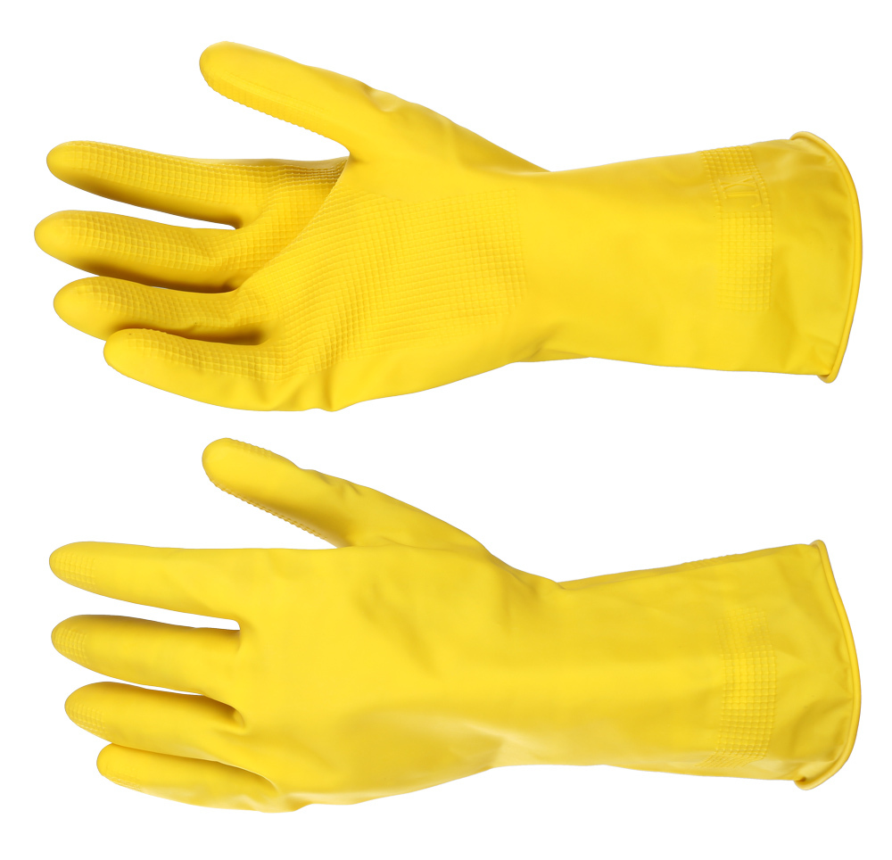 Pair of 12" LARGE Yellow Flocklined Latex Hazmat Safety Gloves Cleaning Washing