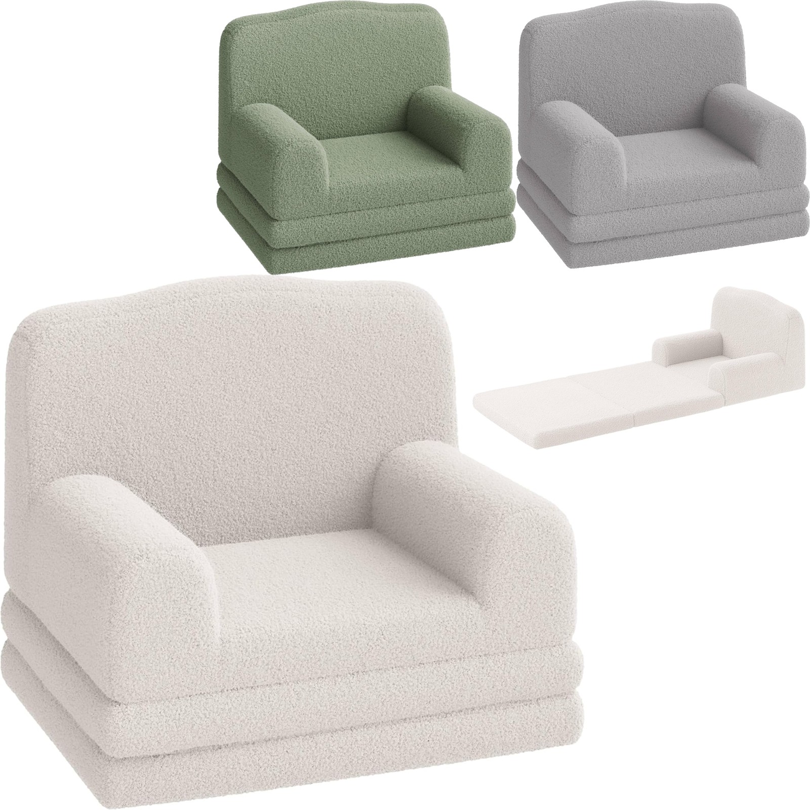 2-in-1 Kids Couch Bed Fold Out Sofa, Sherpa Cover, Portable Playroom Chair