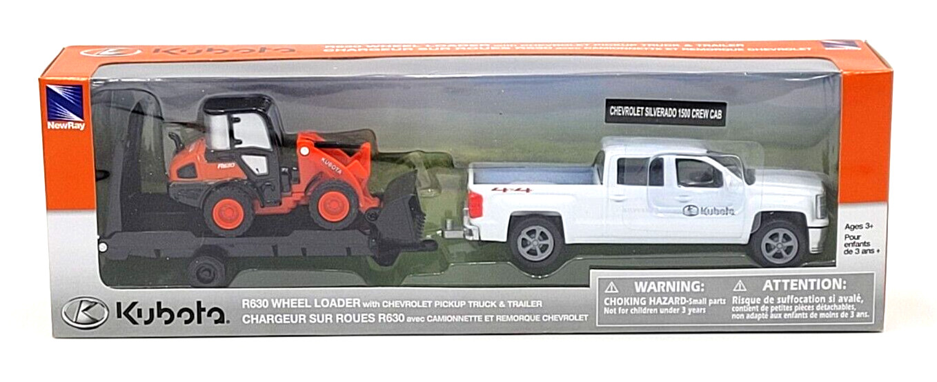 NewRay Kubota R630 Wheel Loader with Chevrolet Silverado Truck and Trailer 10"
