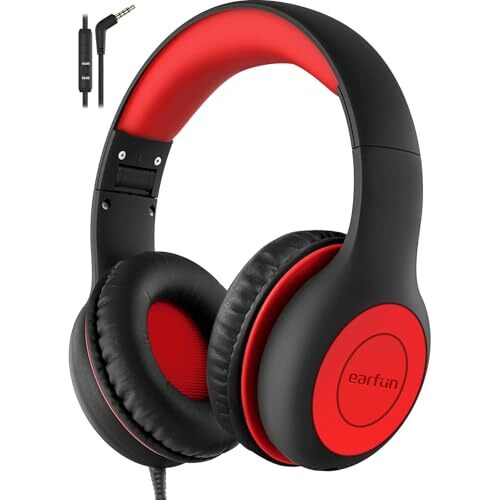 Kids Headphones Wired with Microphone, 85/94dB Volume Black Red Plug 3.5mm