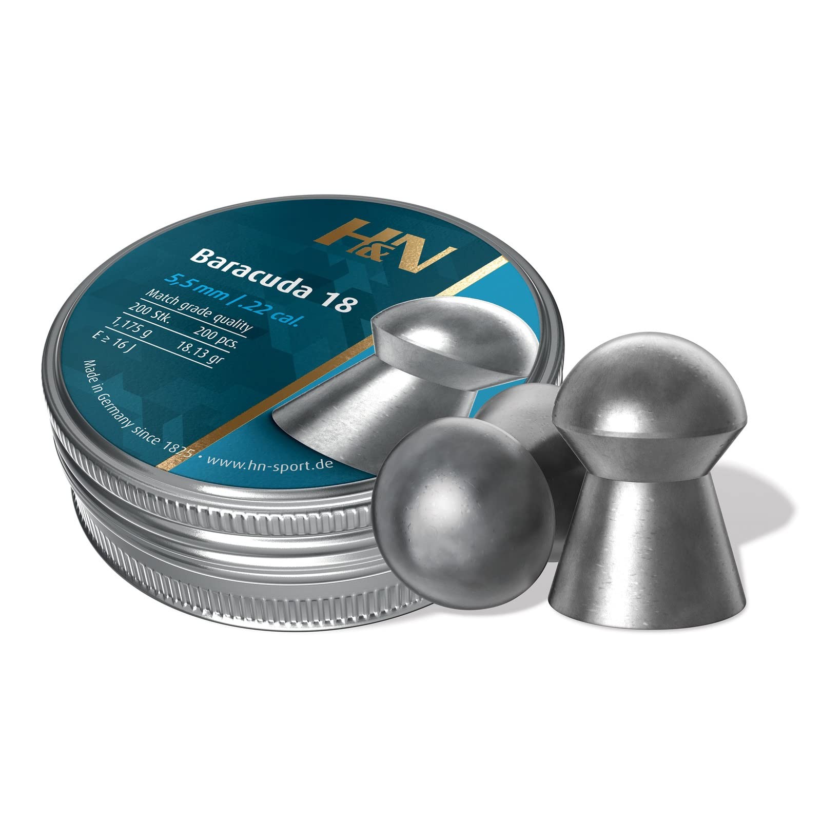 .22 Caliber Pellets, 18.13 Grains, Round Nose, 200 Count, Silver Finish