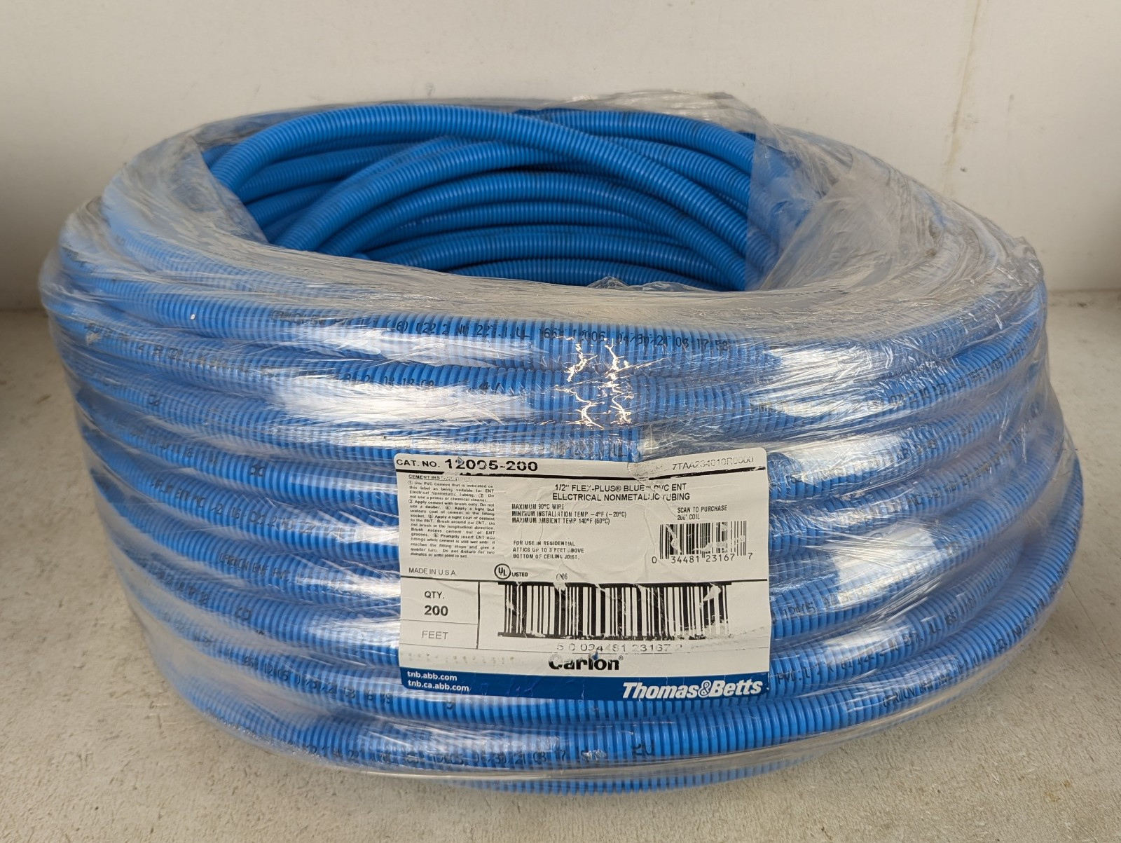 Carlon 1/2" Electrical Conduit Nonmetallic Flex Coil Tubing, Blue 200' 12005-200