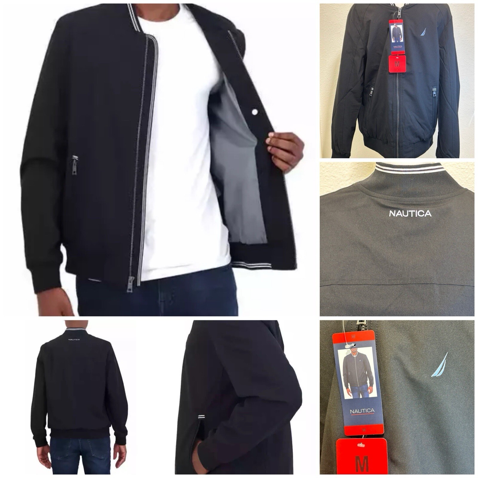 Nautica Men’s Bomber Jacket, Lightweight, Black, Size Med, Stretch Water Resist