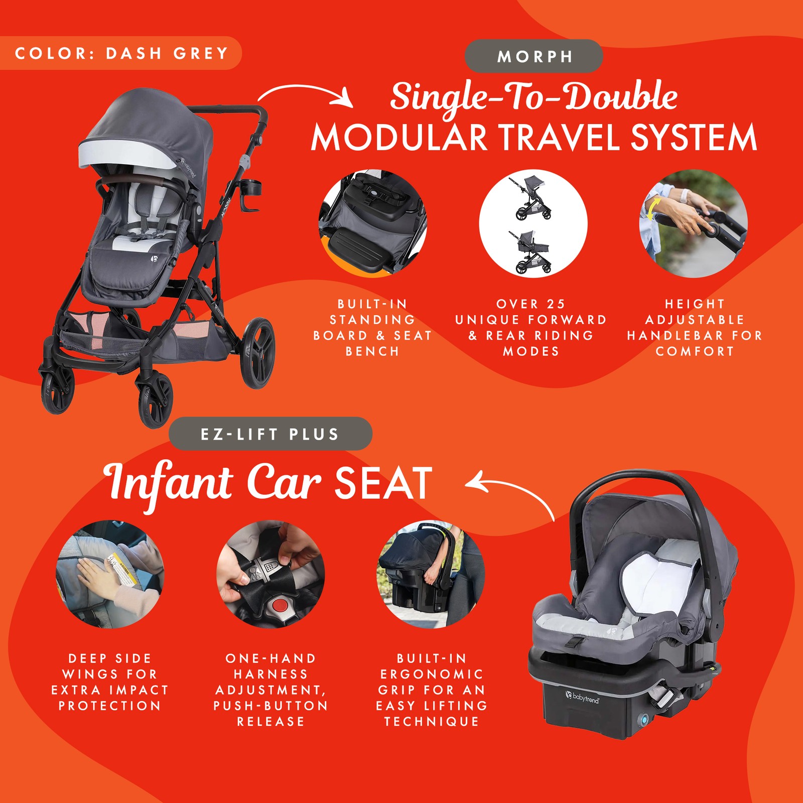 Baby Trend Morph Single to Double Modular System & Car Seat, Dash Grey(Open Box)
