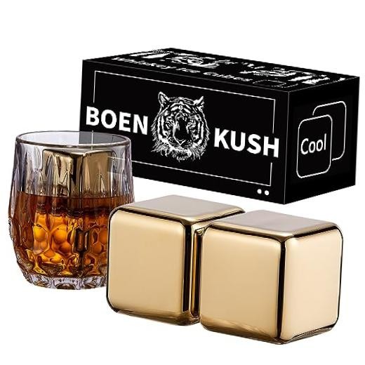 2 Large 64cm³ Whiskey Stones - Reusable Stainless Steel Metal Ice Sphere Gold