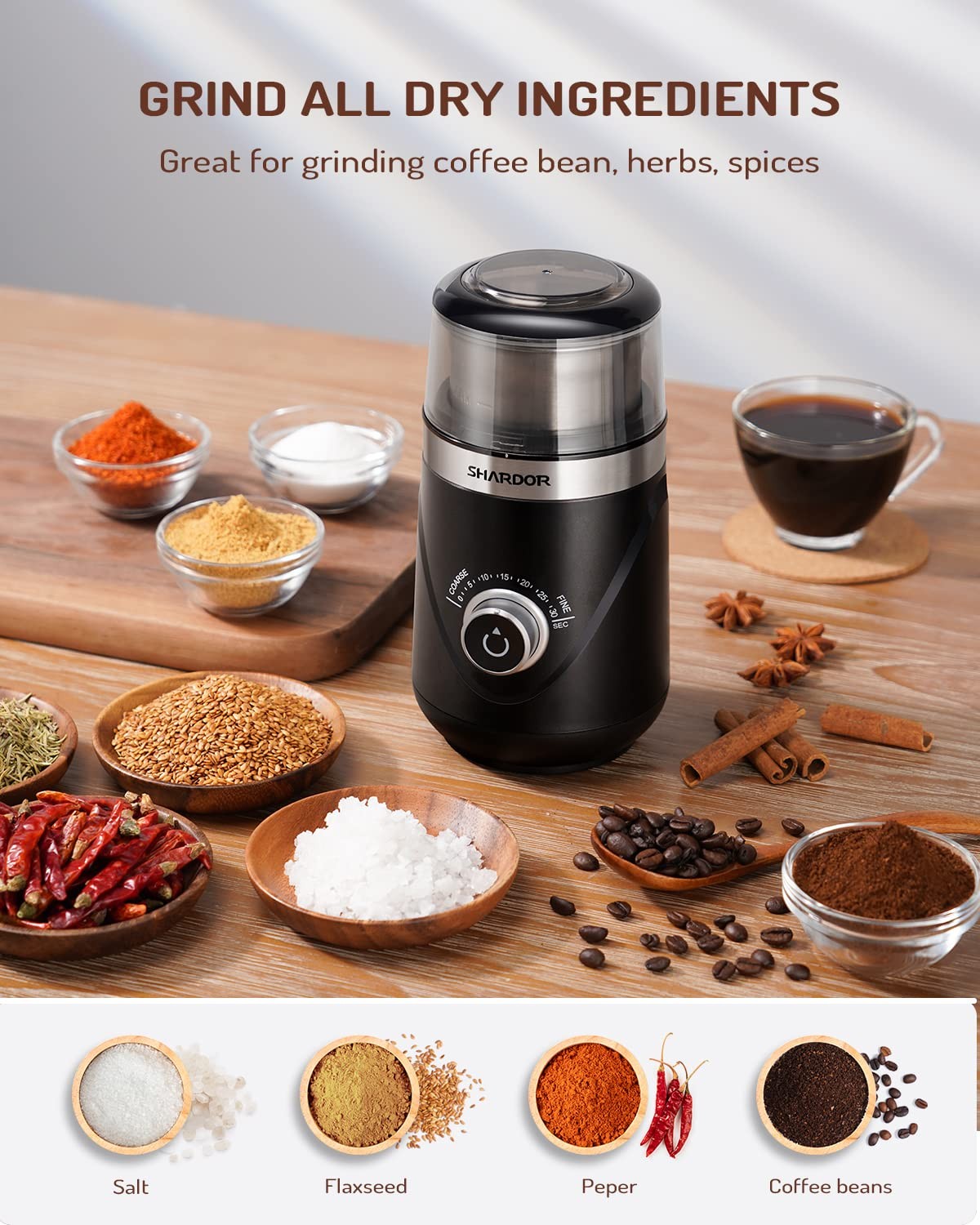 SHARDOR Electric Super Silent Blade Coffee Grinder, Timed Grind Control
