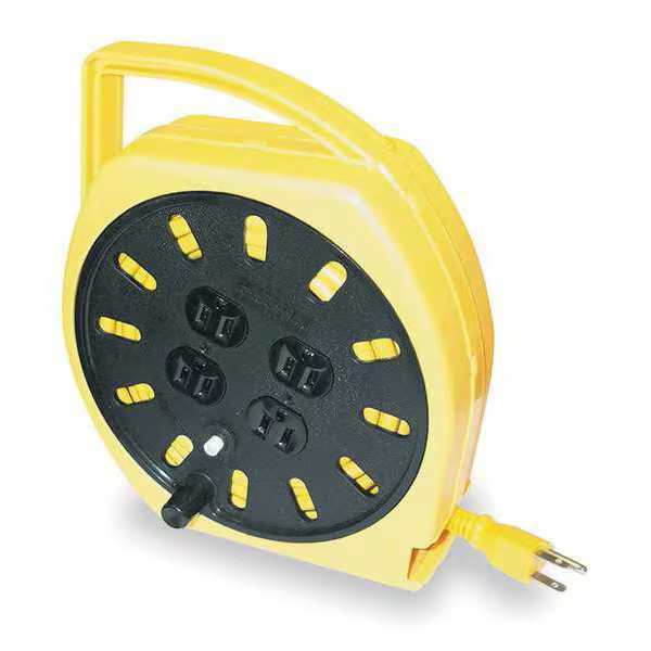 Cord Reel w/ Hand , Hand Operated, NEMA 5-15P, 16 AWG, Yellow Reel, 25 ft L
